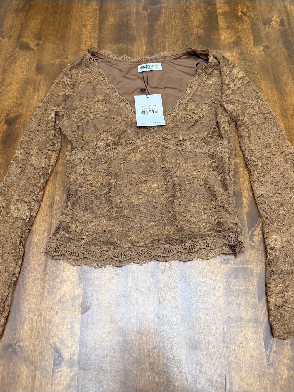 Women’s Princess Polly Pitter Long Sleeve Top Brown Lace Bell Sleeves NWT 6